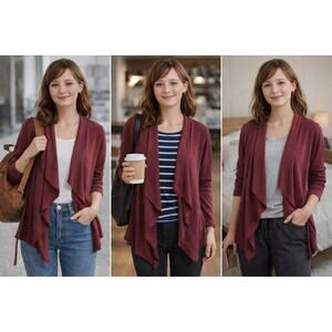 LOGO Lounge Waterfall Cardigan XXS Burgundy Draped Open Front Cozy Layering